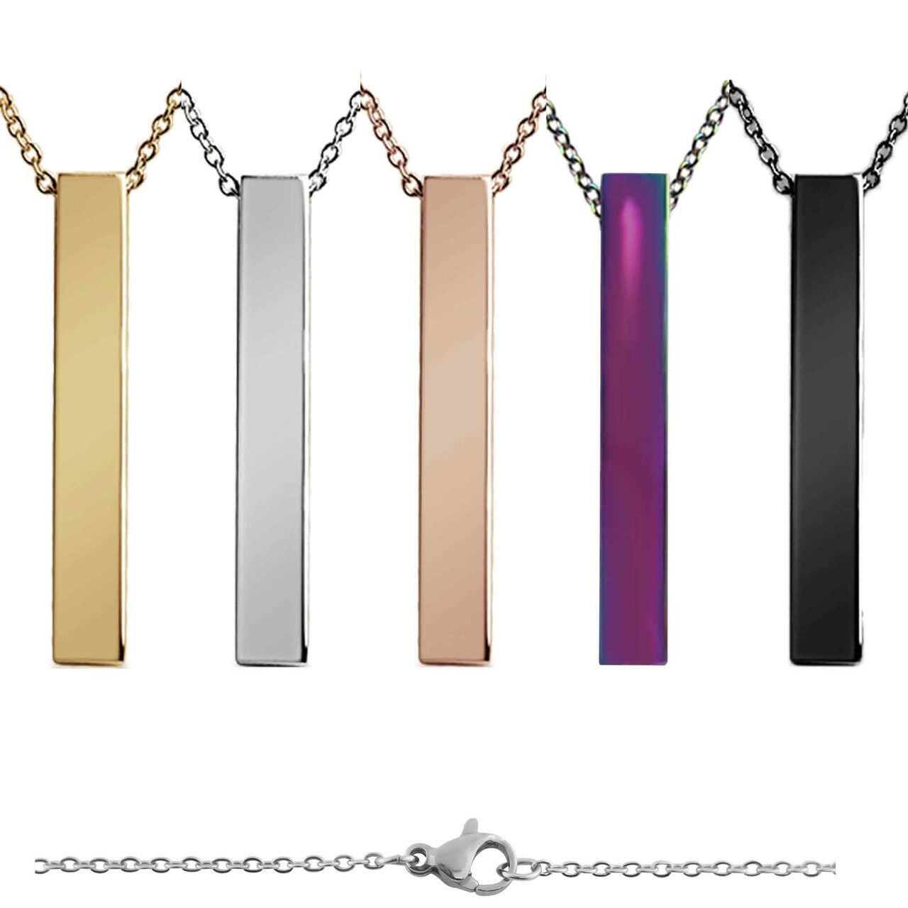 Large Square 4-Sided Vertical Bar Polished Stainless Steel Necklace